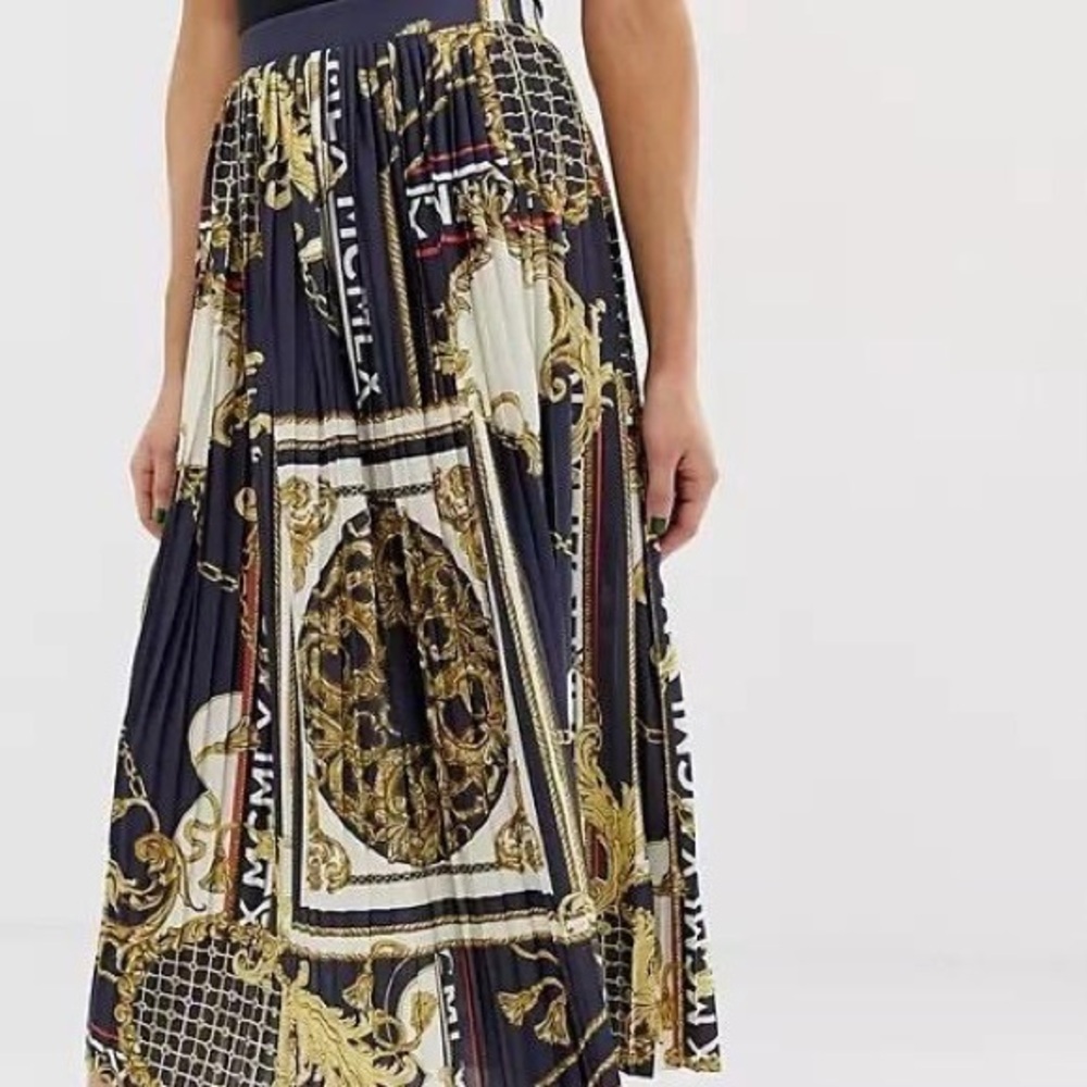 Silk scarf print pleated midi skirt